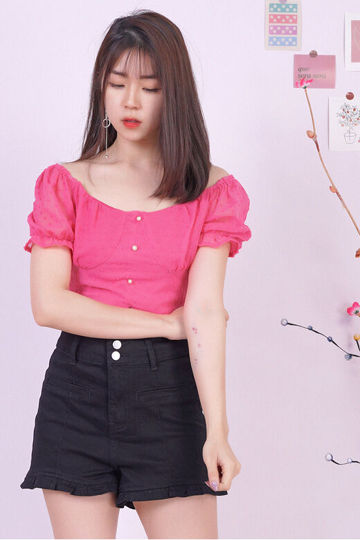 Square Neck Pearl Button Chiffon Dot Back Shirred Top (Pink)